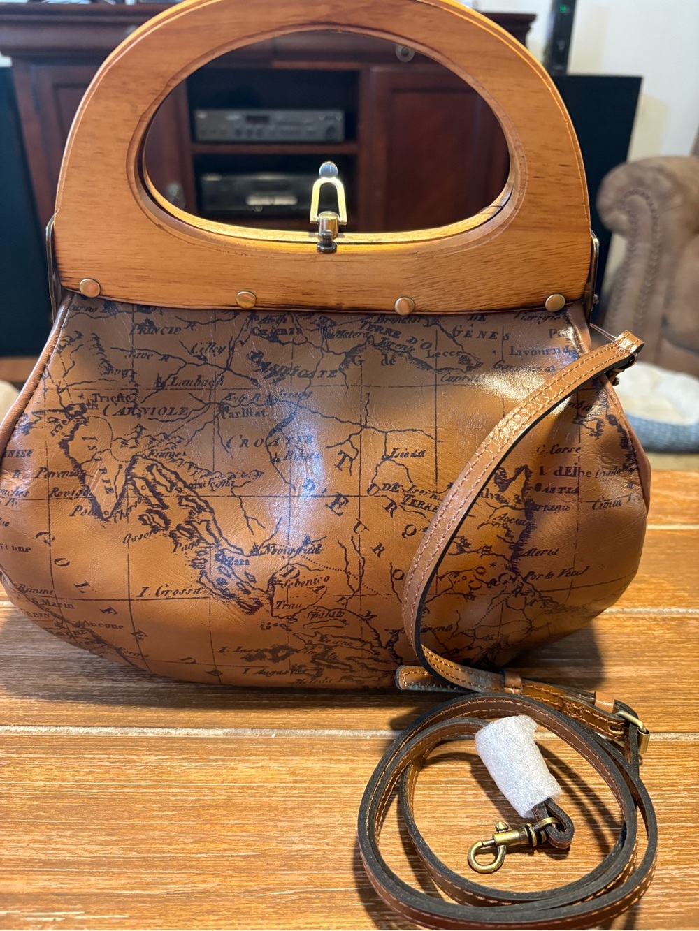 Patricia Nash Brown Map-Print Crossbody with Wooden Top Handle